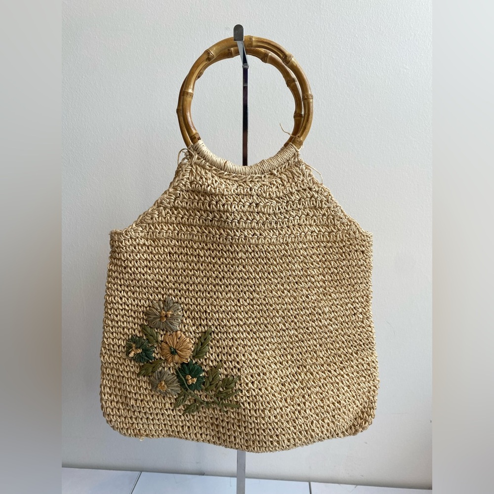 Faded Glory Straw Handbag Bamboo Handles & Embroidered Vintage Cottagecore Style